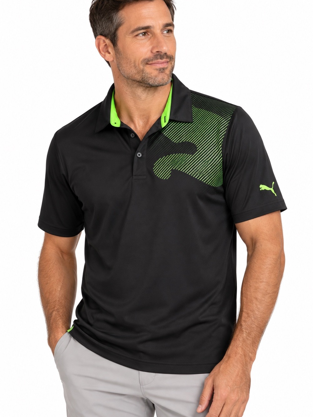 Puma Golf Tech Polo Black Green Graphic Cat Logo Men’s LG